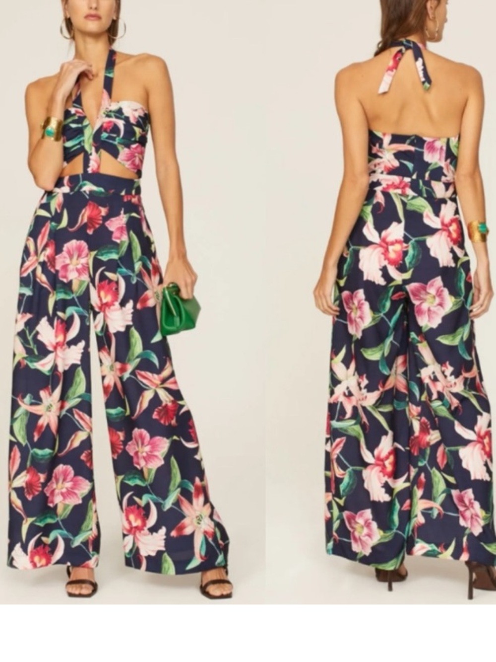 PatBO Navy Floral Halter Wide-Leg Jumpsuit 0